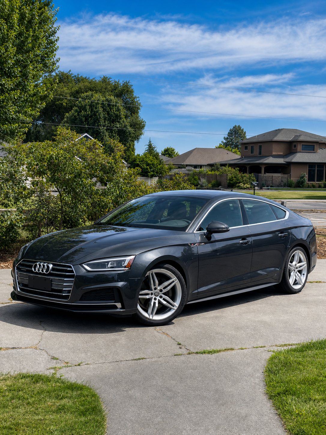 Freshly detailed dark gray Audi A5 in a Tri-Cities driveway