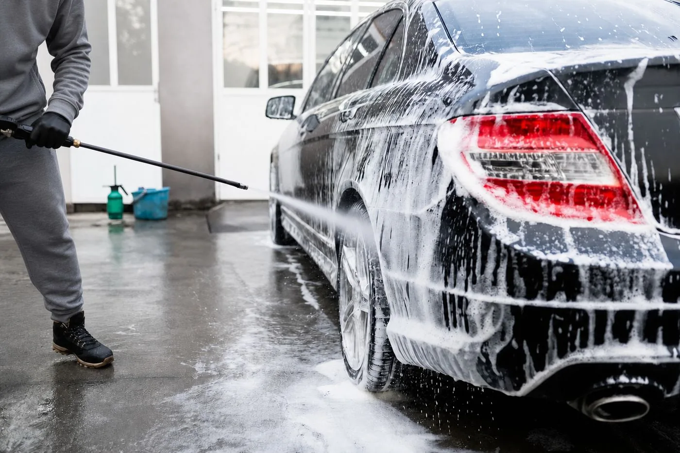 Pressure washing foam off a black sedan in a driveway