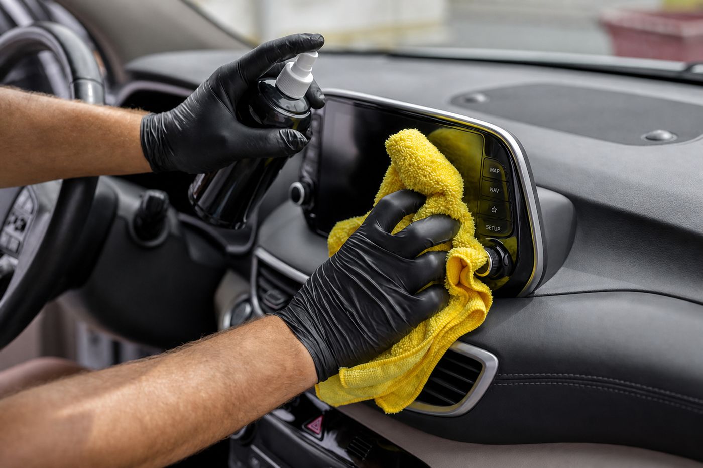 Detailer wiping a dashboard screen with microfiber cloth