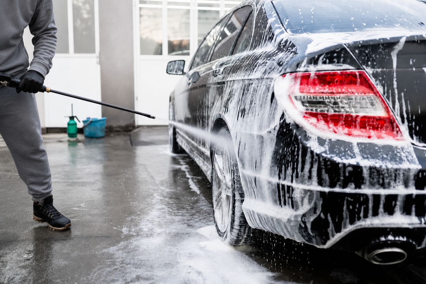 Pressure washing foam off a black sedan in a driveway