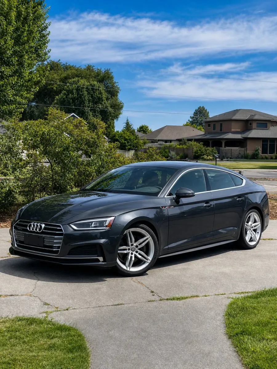 Detailed dark gray Audi A5 in a Tri-Cities driveway