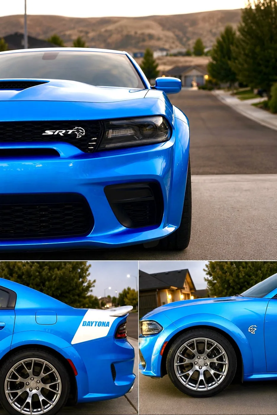 Detailed blue Dodge Charger SRT shown from three angles after a full detail