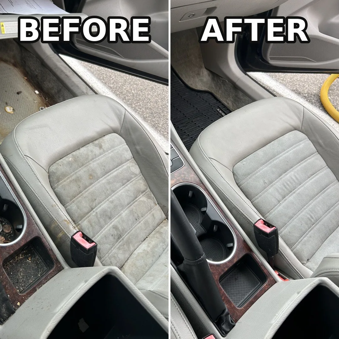 Toyota Camry front seat and console before and after an interior detail