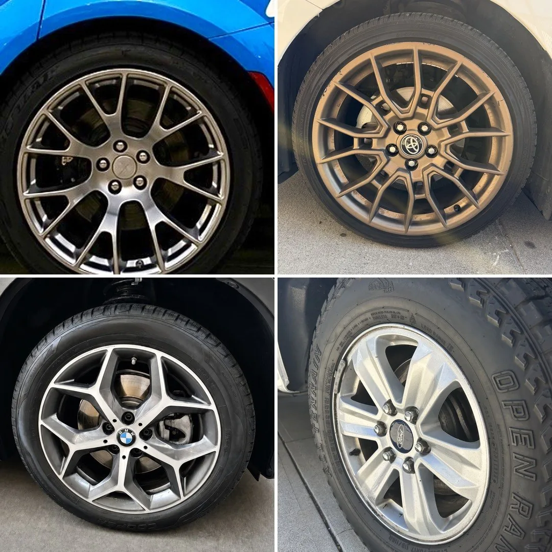 Freshly dressed tires and wheels on four different detailed vehicles